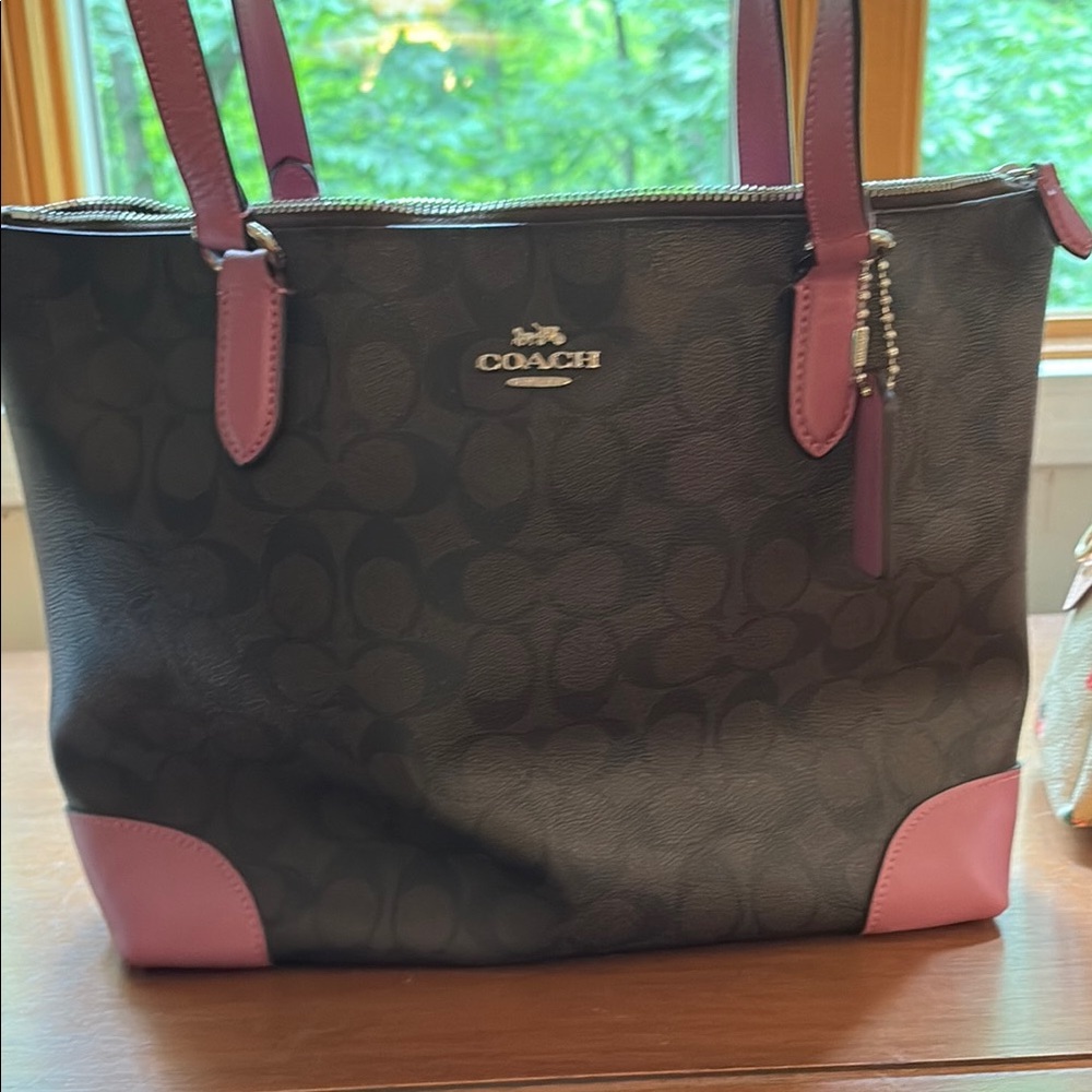 Coach Signature Mocha Brown With Purple Detailing Shoulder Bag